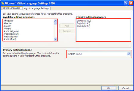 Select Language setting in MS Office 2003 2007 