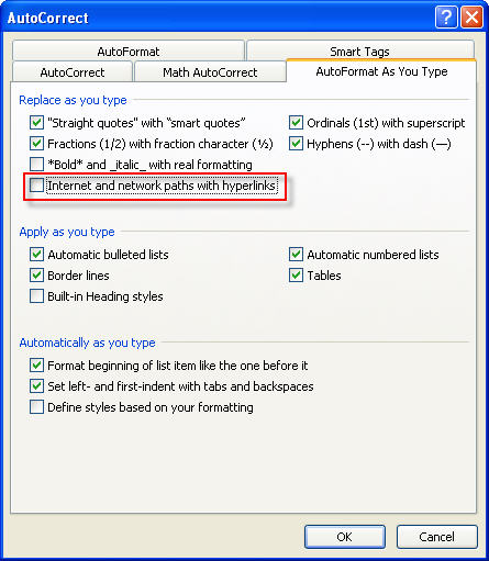 How to turn off automatic hyperlinks in MS Word 2