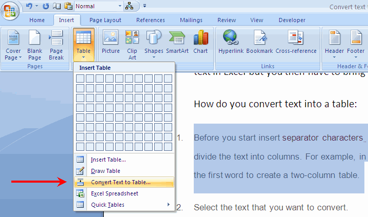 Convert text to table MS Word 2